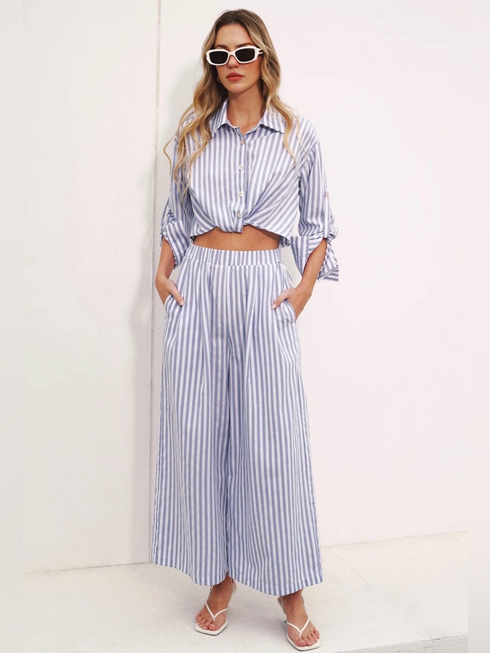 Commense Striped Collared Wide-Leg Jumpsuit
